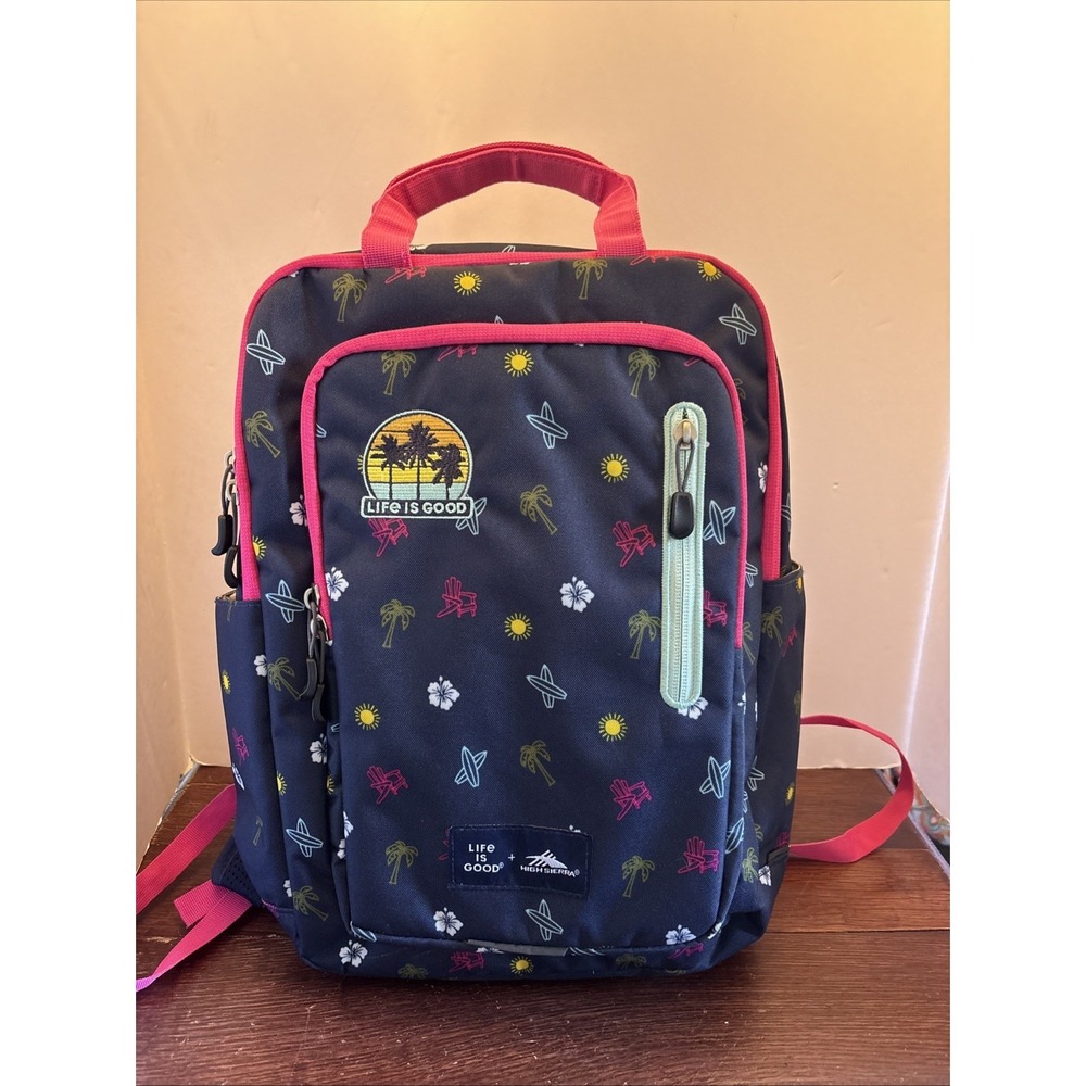 Life Is Good High Sierra Backpack 40L Padded Expandable Beach Theme On Navy Bag